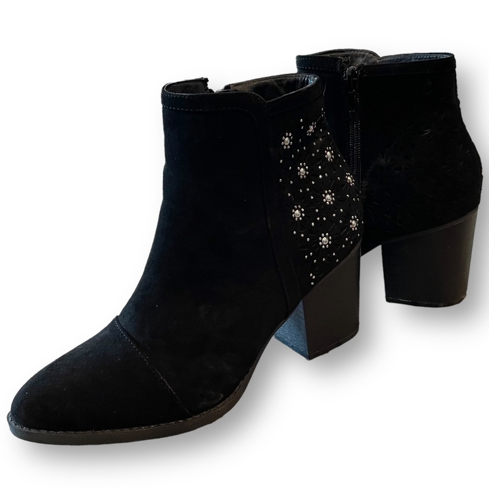 Sugar Bridget Black Faux Suede Ankle Boots w/Black Rhinestone Flowers